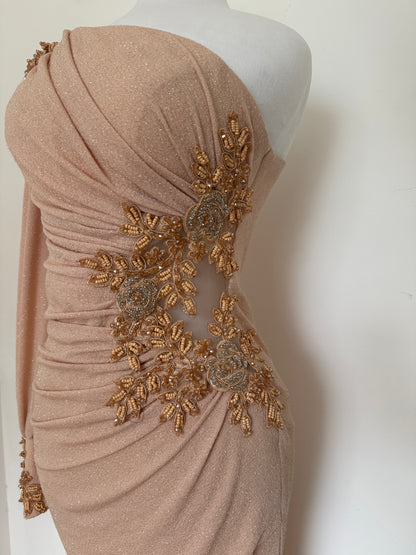 One Shoulder Gold Evening Gown