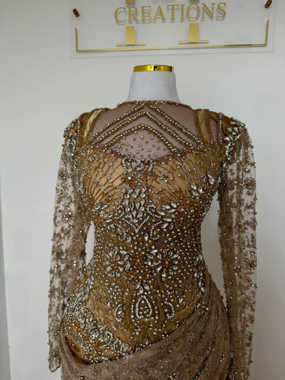 Long Sleeve Gold Embellished Corset Dress