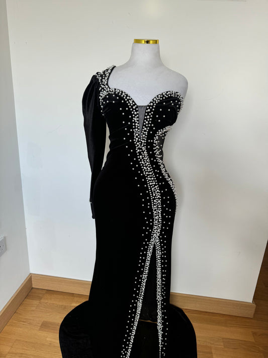 One Shoulder Black Pearl Velvet Gown