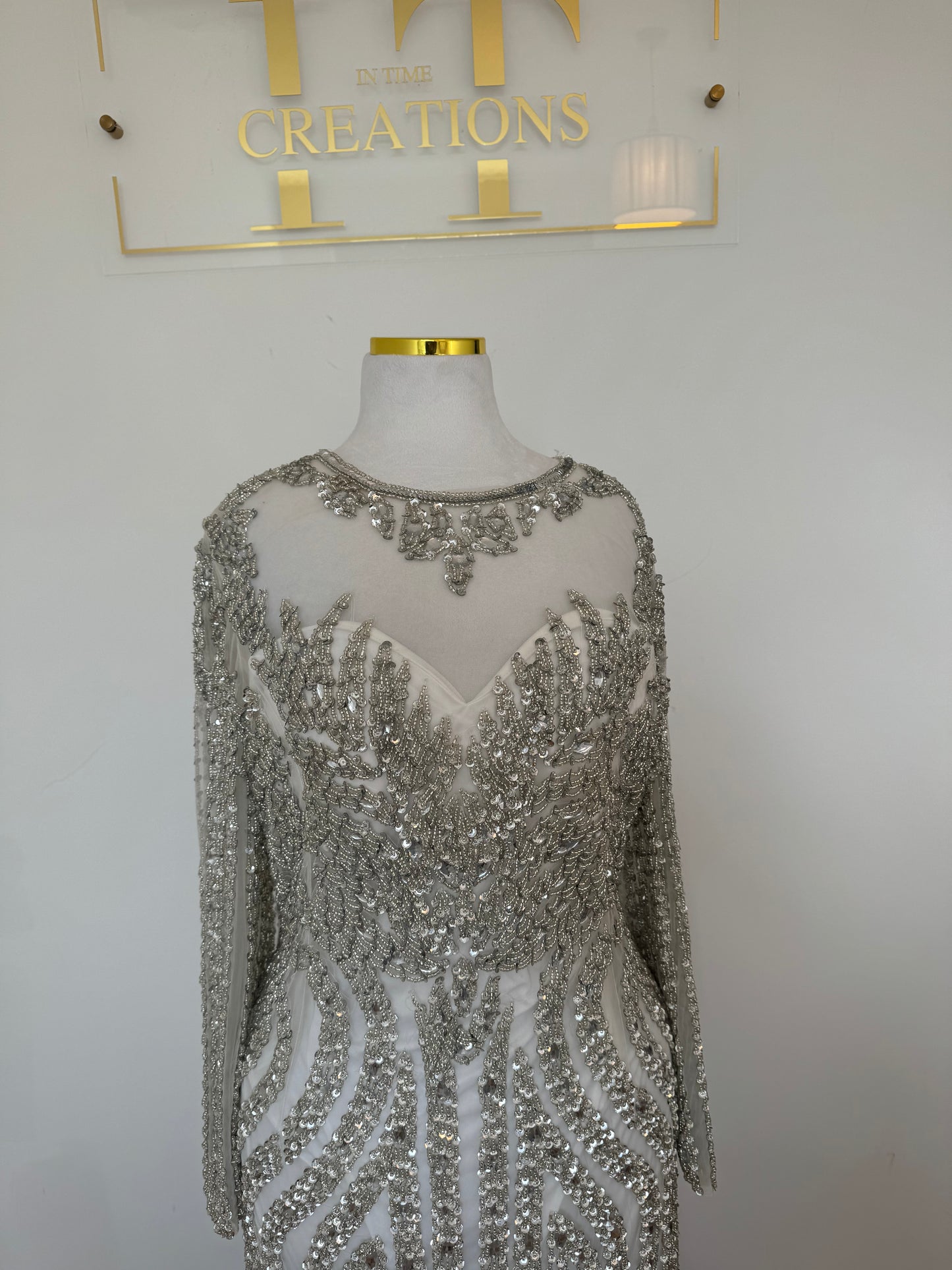 Long Sleeve Heavily Embellished Silver Dress