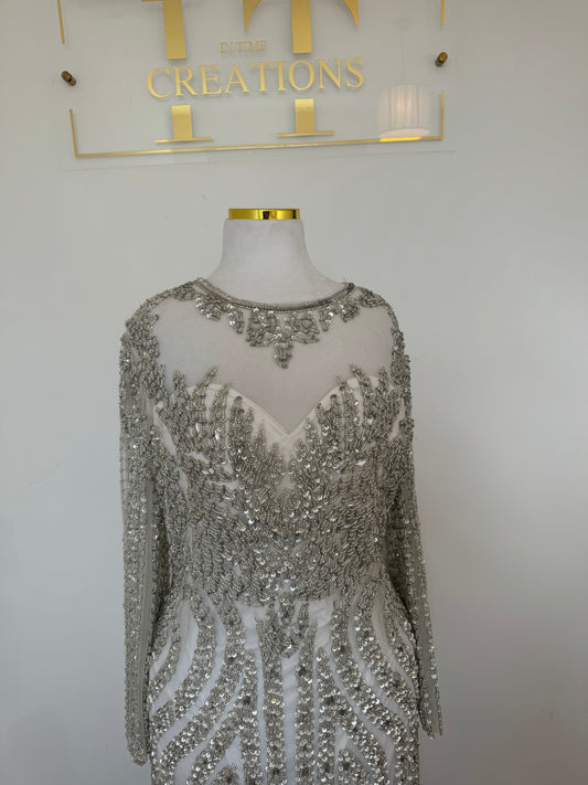 Long Sleeve Heavily Embellished Silver Dress