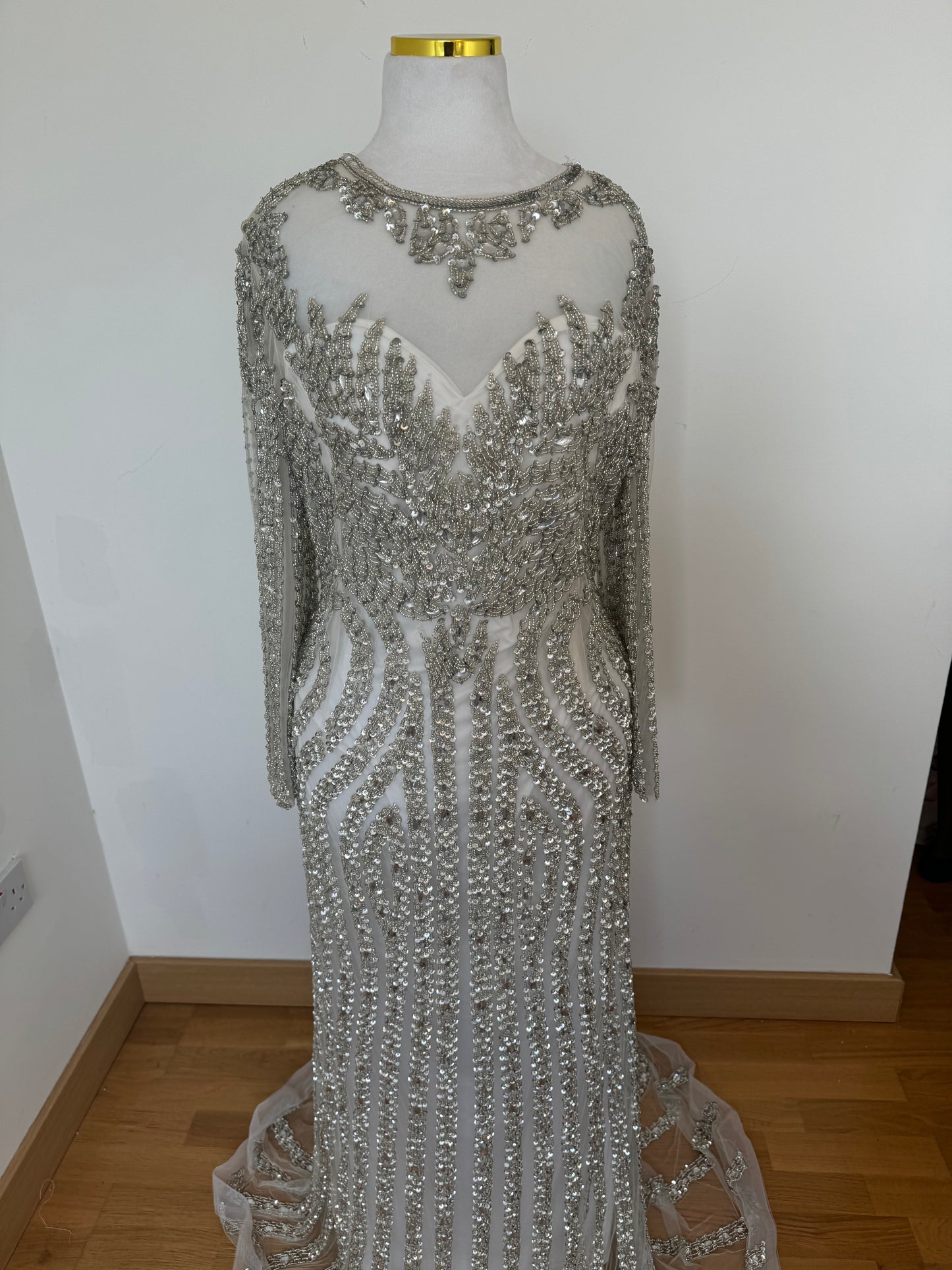 Long Sleeve Heavily Embellished Silver Dress