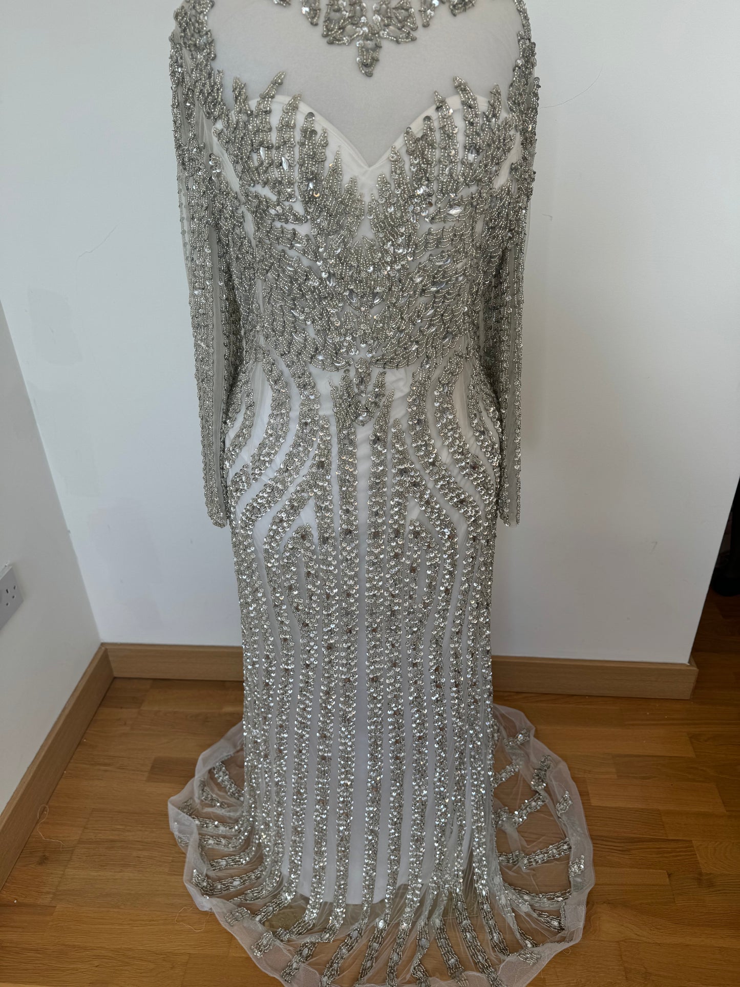 Long Sleeve Heavily Embellished Silver Dress