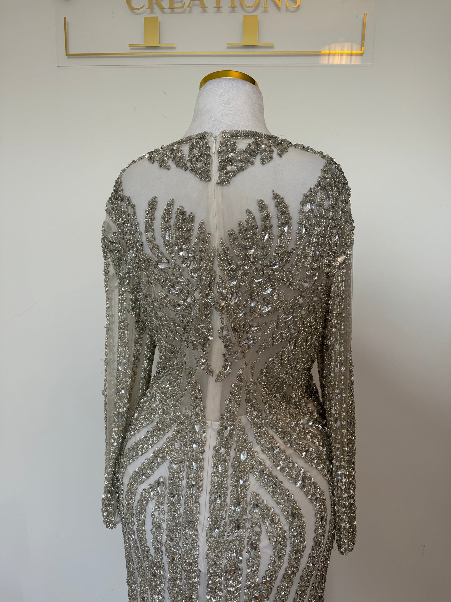 Long Sleeve Heavily Embellished Silver Dress