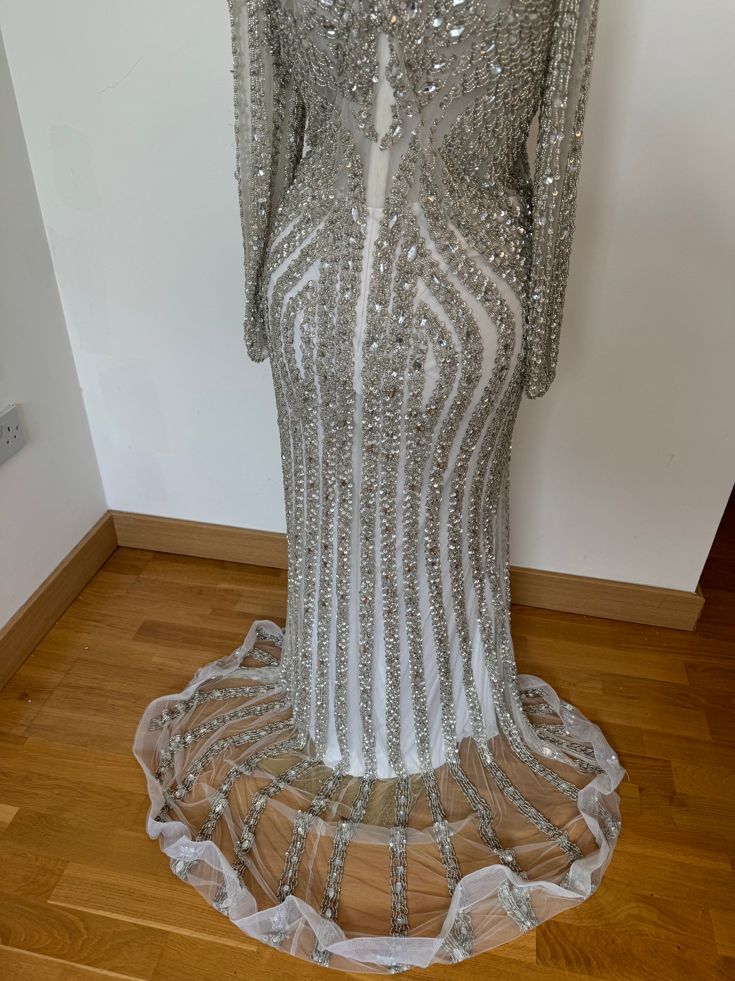 Long Sleeve Heavily Embellished Silver Dress