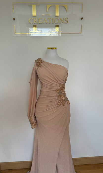 One Shoulder Gold Evening Gown