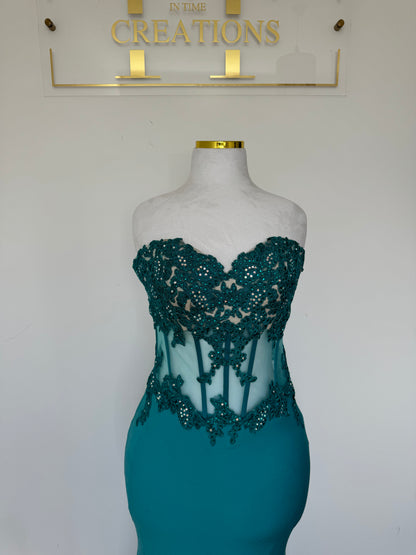 Petite Sheer Bodice Teal Gown