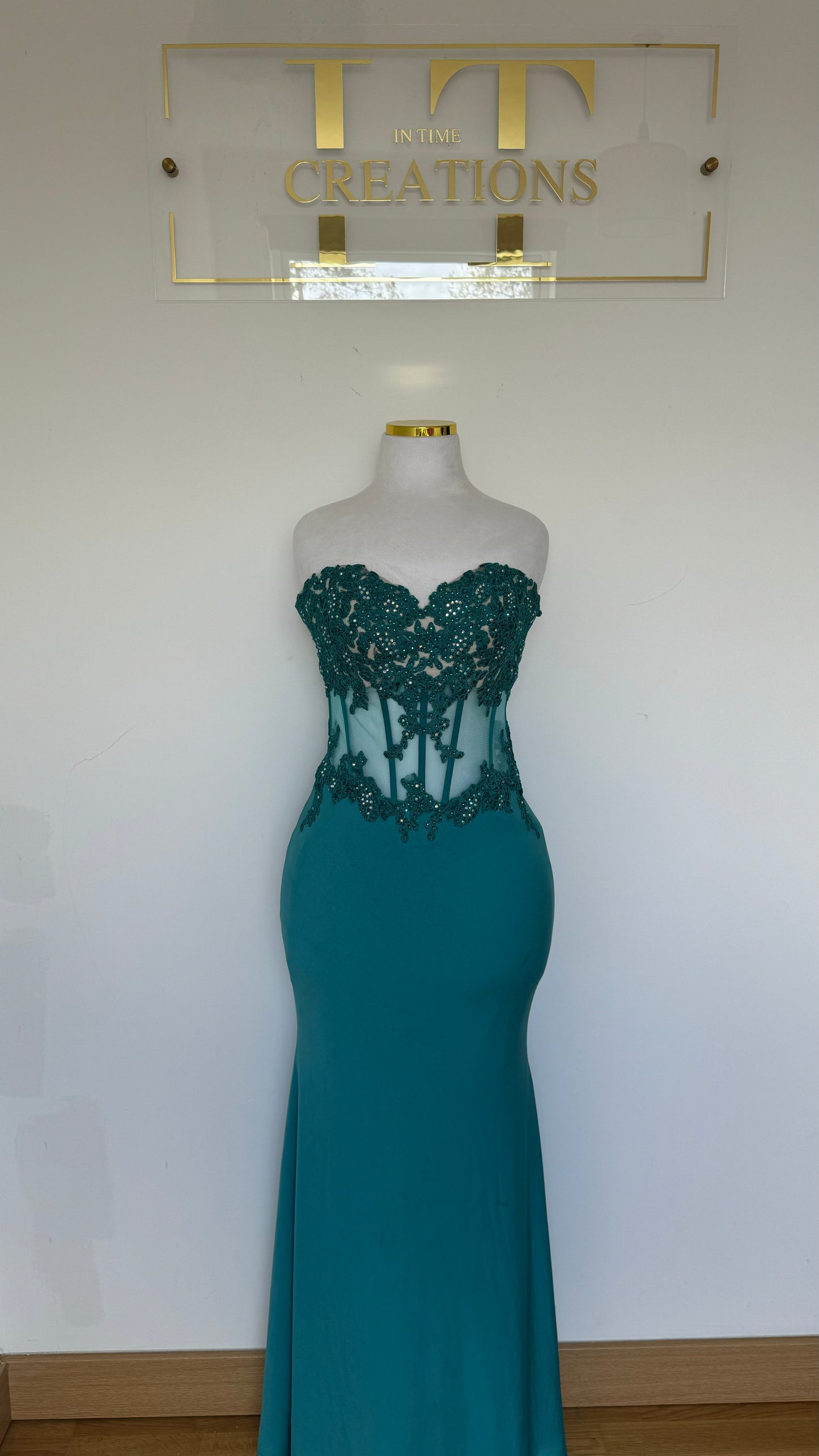 Petite Sheer Bodice Teal Gown