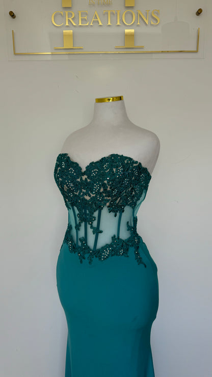 Petite Sheer Bodice Teal Gown