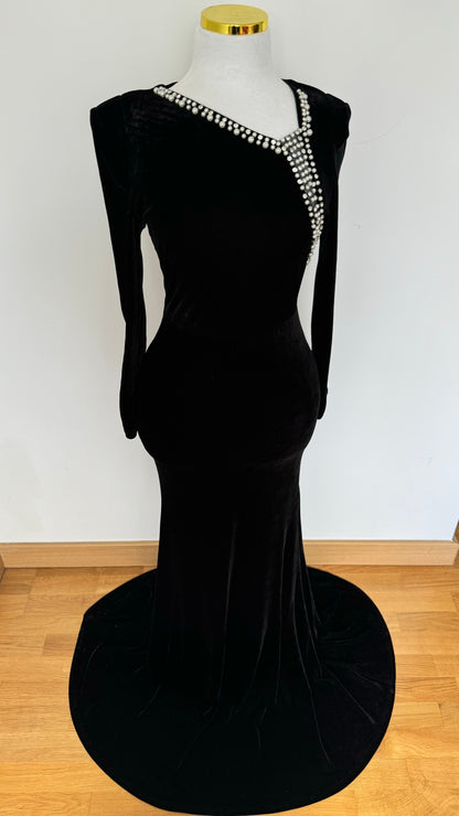 Long Sleeve Velvet Pearl Evening Gown